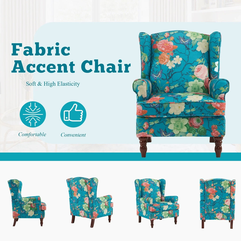 Fauteuil d’appoint moderne Erommy à dossier haut, fauteuil une place en tissu rembourré avec boutons et pieds en bois, pour salon