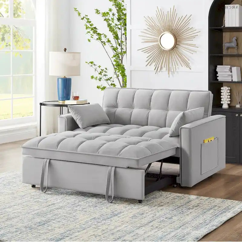 4-in-1-Zweisitzer-Schlafsofa mit Armlehnen und Aufbewahrungstaschen, multifunktionales, getuftetes Ausziehsofa mit verstellbarer Rückenlehne