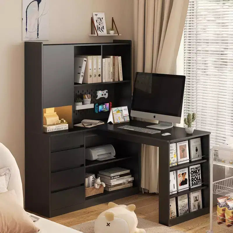 Bureau d’angle en L de 46 pouces avec bibliothèque et tiroirs