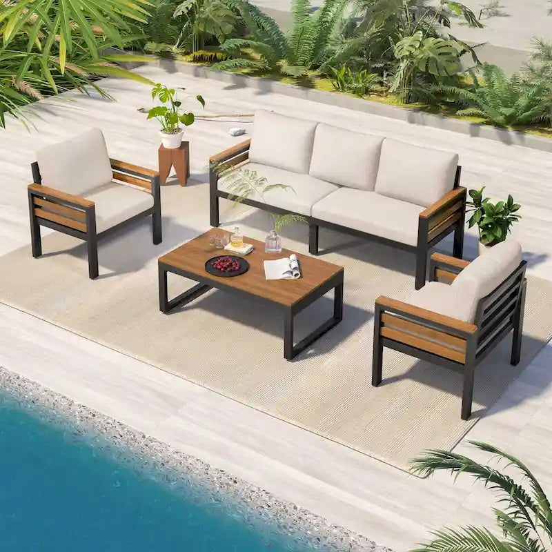 4-teiliges Outdoor-Sofaset für 5 Personen mit Couchtisch aus Massivholz und abnehmbaren Kissen