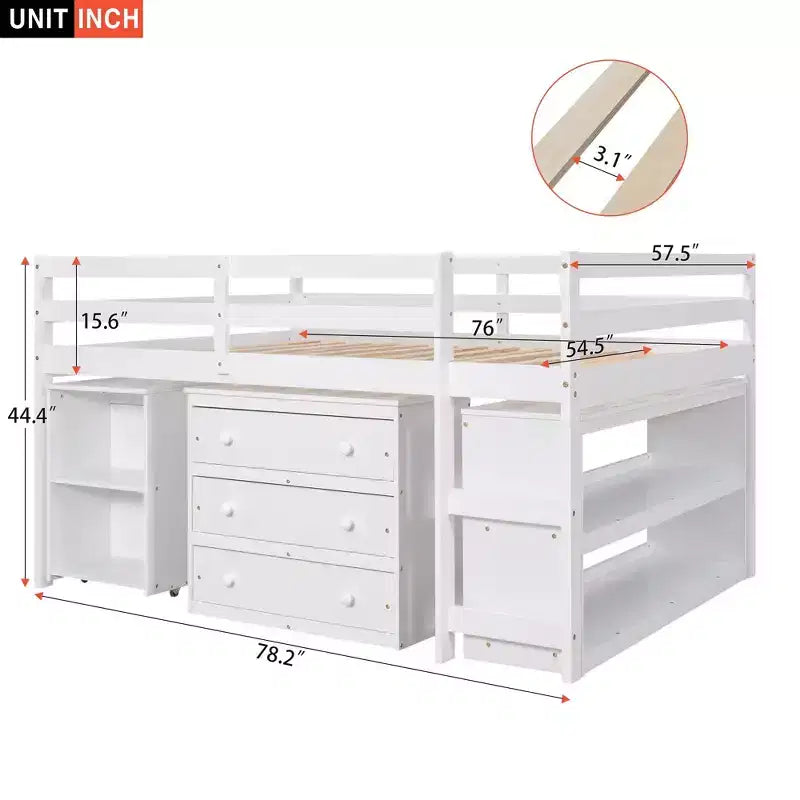 Niedriges Hochbett in voller Größe mit Rolltisch, 3 Schubladen und Regalen