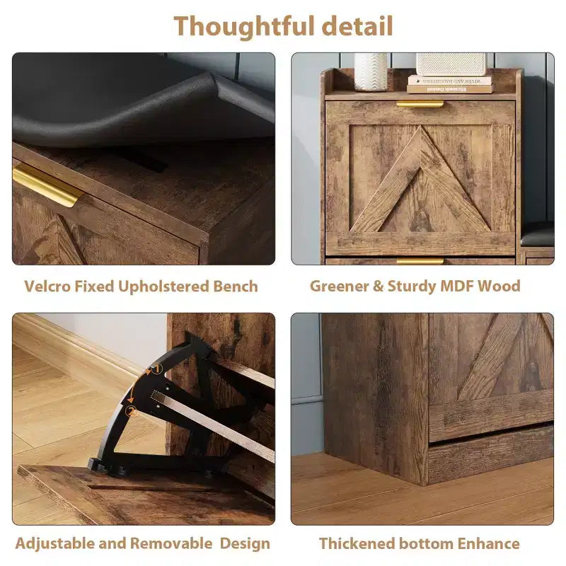 Meuble à chaussures style farmhouse avec banc, 4 tiroirs basculants pour l’entrée, organisateur de rangement avec assise rembourrée confortable, banc porte-chaussures autoportant
