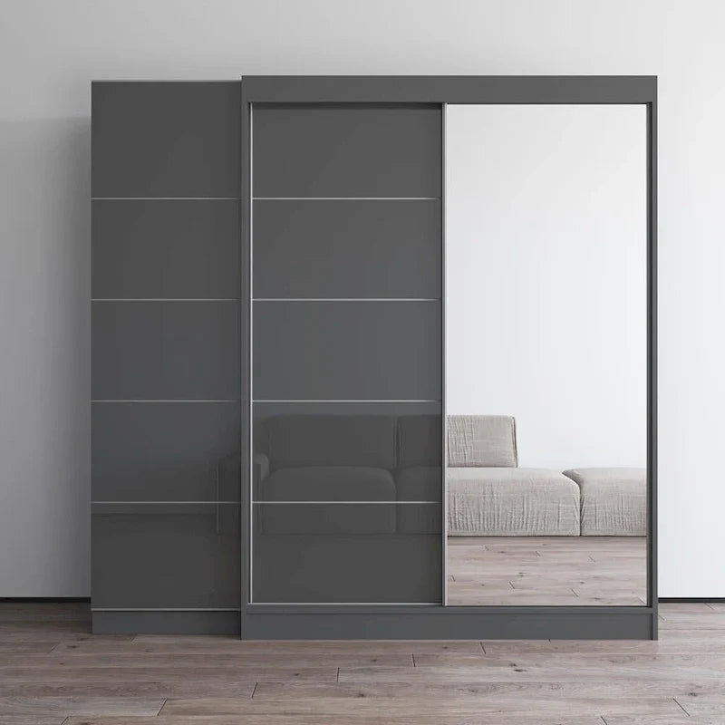 Kleiderschrank mit 2 Türen und Spiegel, Glasfront, für 2 Personen (Grau / Schwarz / Weiß)
