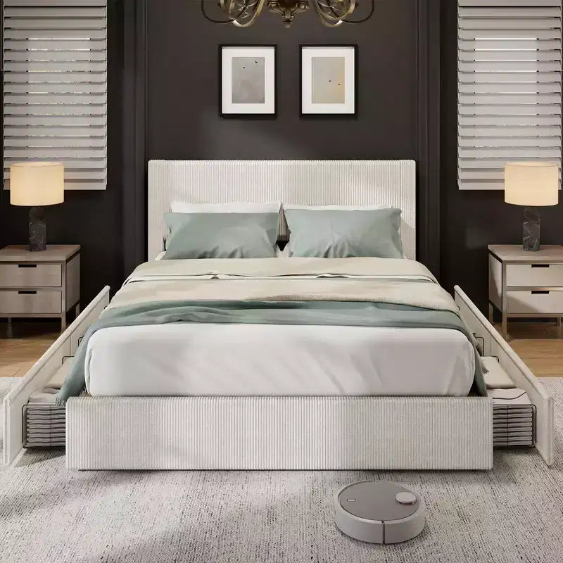 CuisinSmart-Bettrahmen aus Cord mit Kopfteil, gepolsterter Plattformbett-Rahmen mit 4 Schubladen und Lattenrost aus Holz