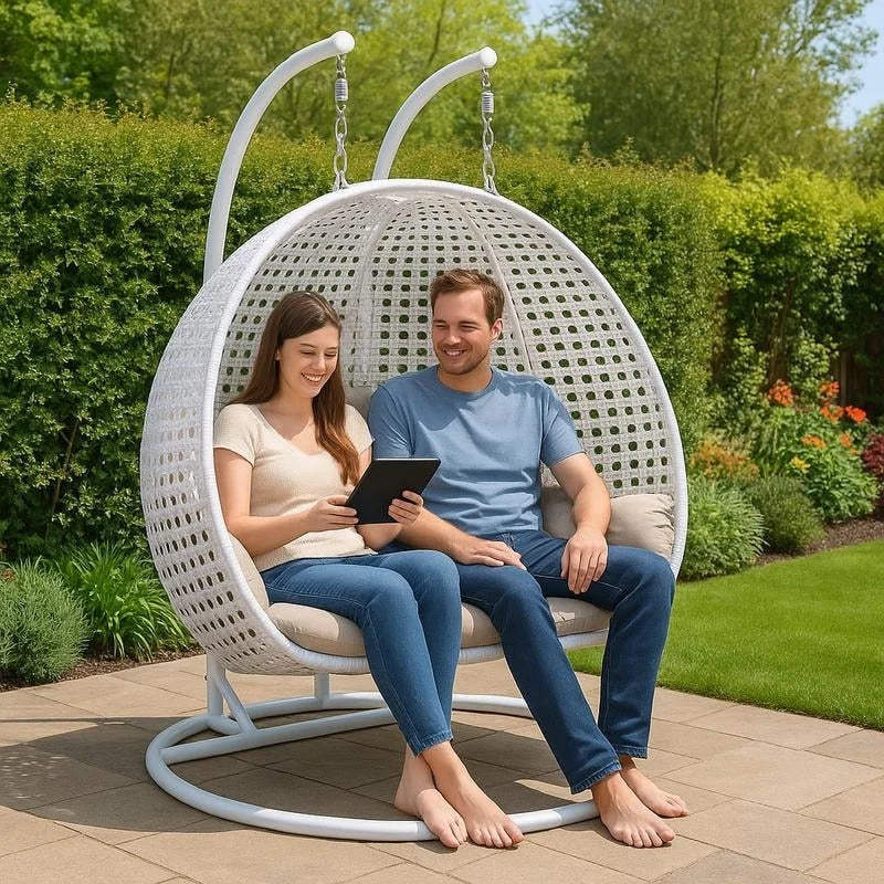 Fauteuil œuf suspendu 2 places LeisureMod avec support - fauteuil hamac balançoire de patio en osier de rotin pour l’extérieur et l’intérieur, avec coussins