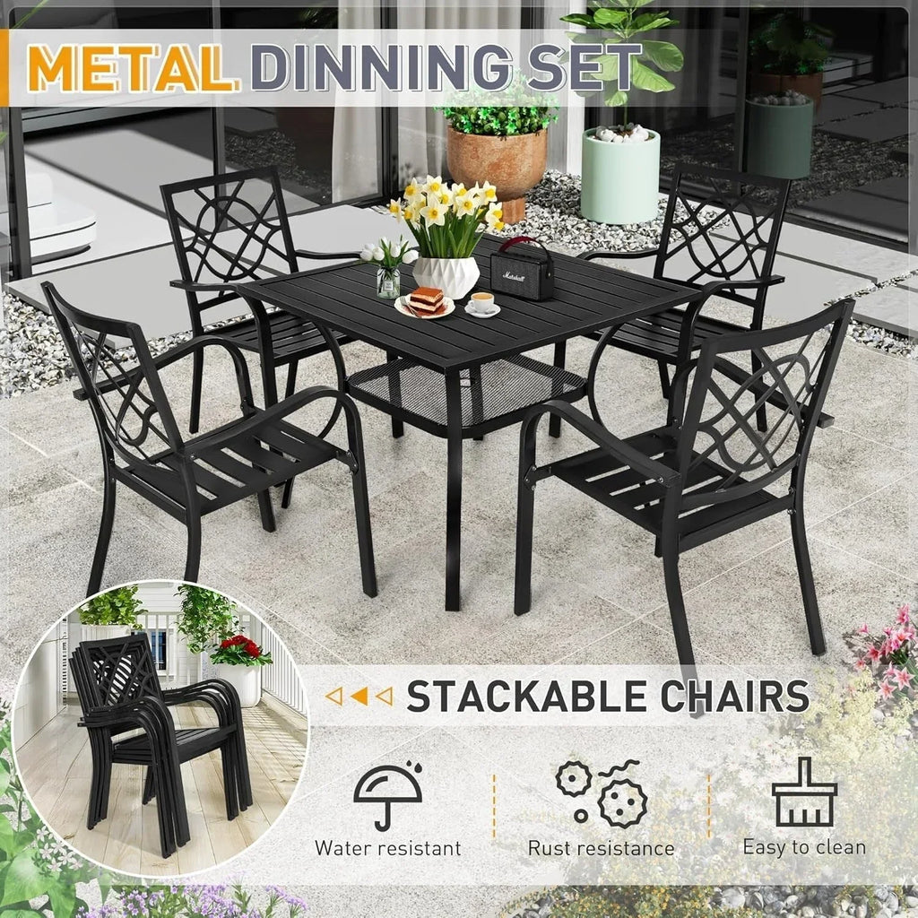 SUNCROWN Outdoor Patio 5/7 Piece Steel Dining Sets Metal Slatted Table and Stackable Chairs Powder Coated Frame