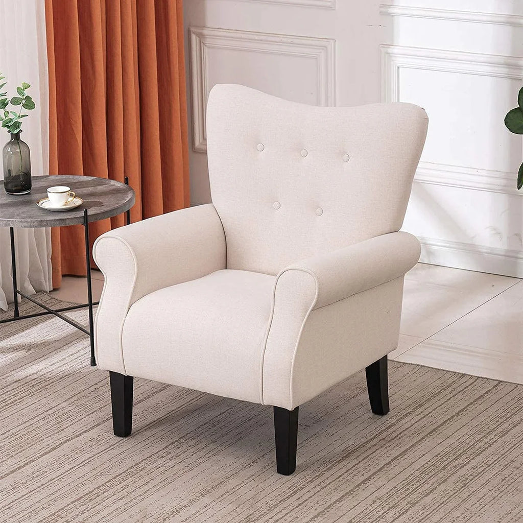 Fauteuil d’appoint moderne Erommy à dossier haut, fauteuil une place en tissu rembourré avec boutons et pieds en bois, pour salon