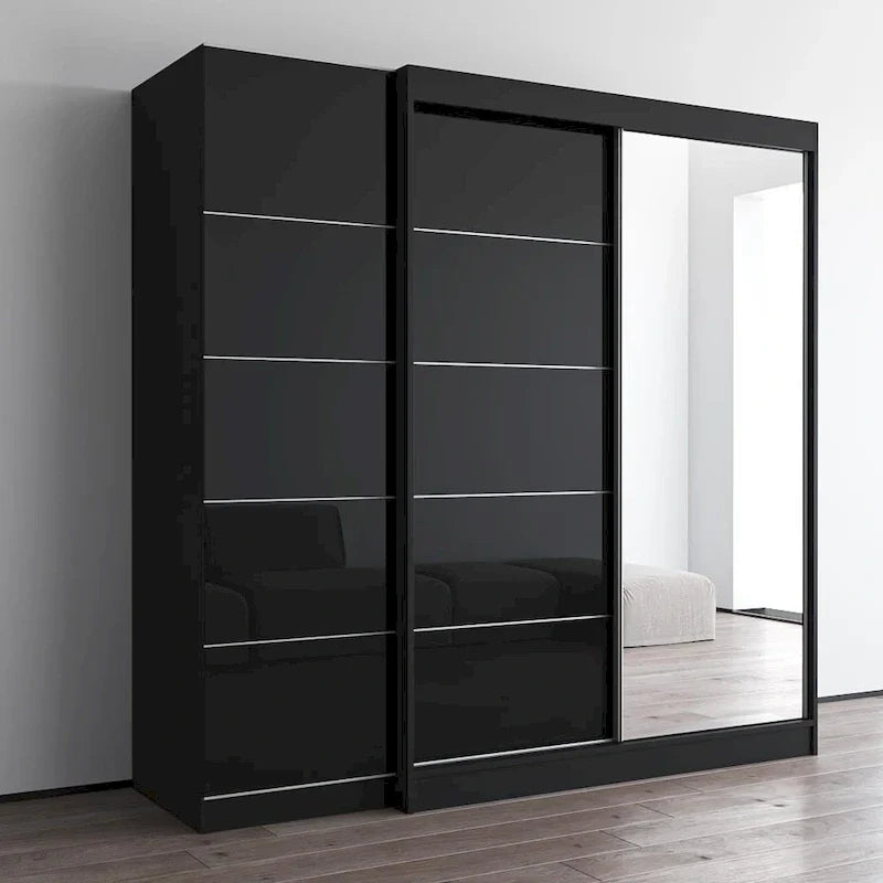 Kleiderschrank mit 2 Türen und Spiegel, Glasfront, für 2 Personen (Grau / Schwarz / Weiß)