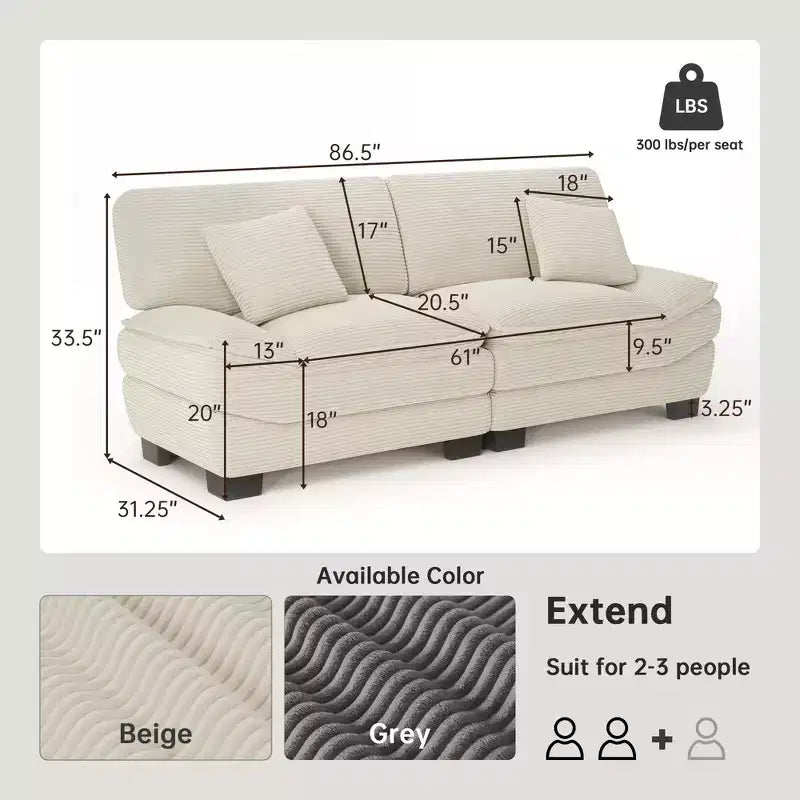 Beiges 87-Zoll-Cordsofa mit 2 Kissen, tiefes Sofa in Segelbootform für Wohnzimmer, kleine Räume, Büro oder Wohnung - Morden Fort