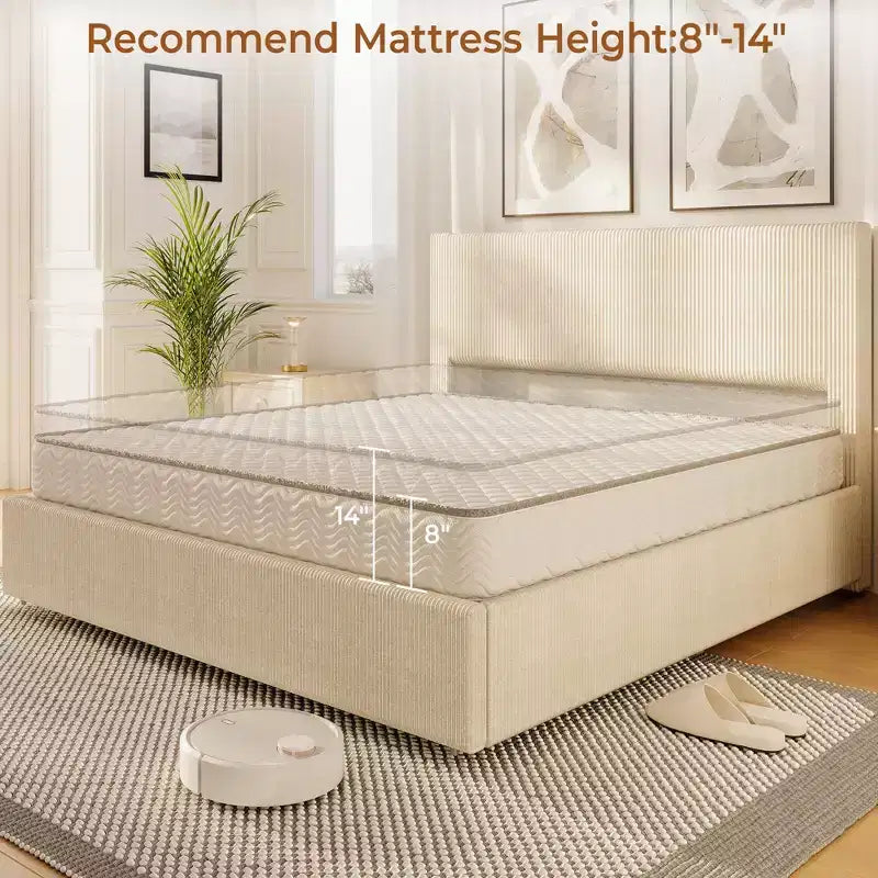 CuisinSmart-Bettrahmen aus Cord mit Kopfteil, gepolsterter Plattformbett-Rahmen mit 4 Schubladen und Lattenrost aus Holz