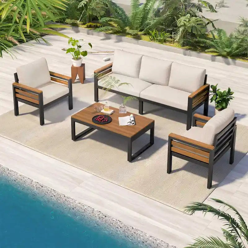 4-teiliges Outdoor-Sofaset für 5 Personen mit Couchtisch aus Massivholz und abnehmbaren Kissen