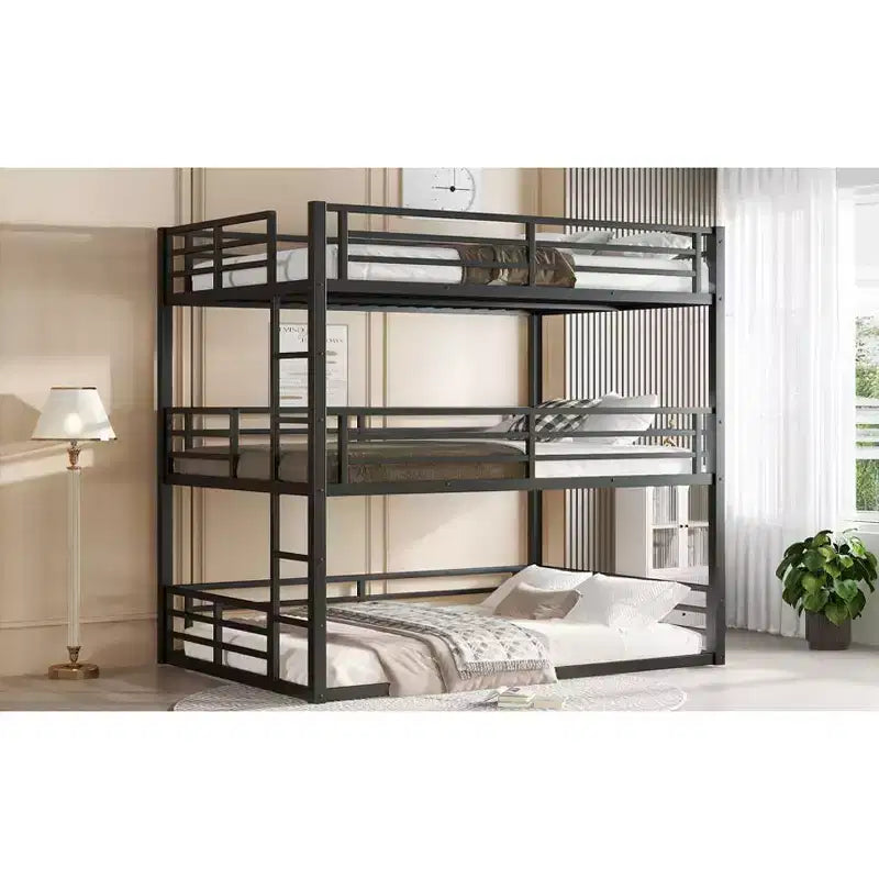 Etagenbett für drei Personen, Metall, mit Sicherheitsgittern, robustes Etagenbett mit geräuschreduziertem Design, Schwarz