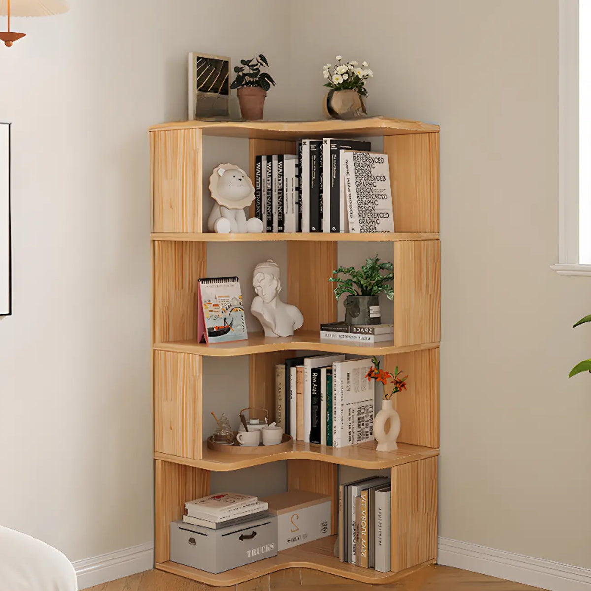Natural Finish L-Shaped Vertical Wood Open Back Bookcase