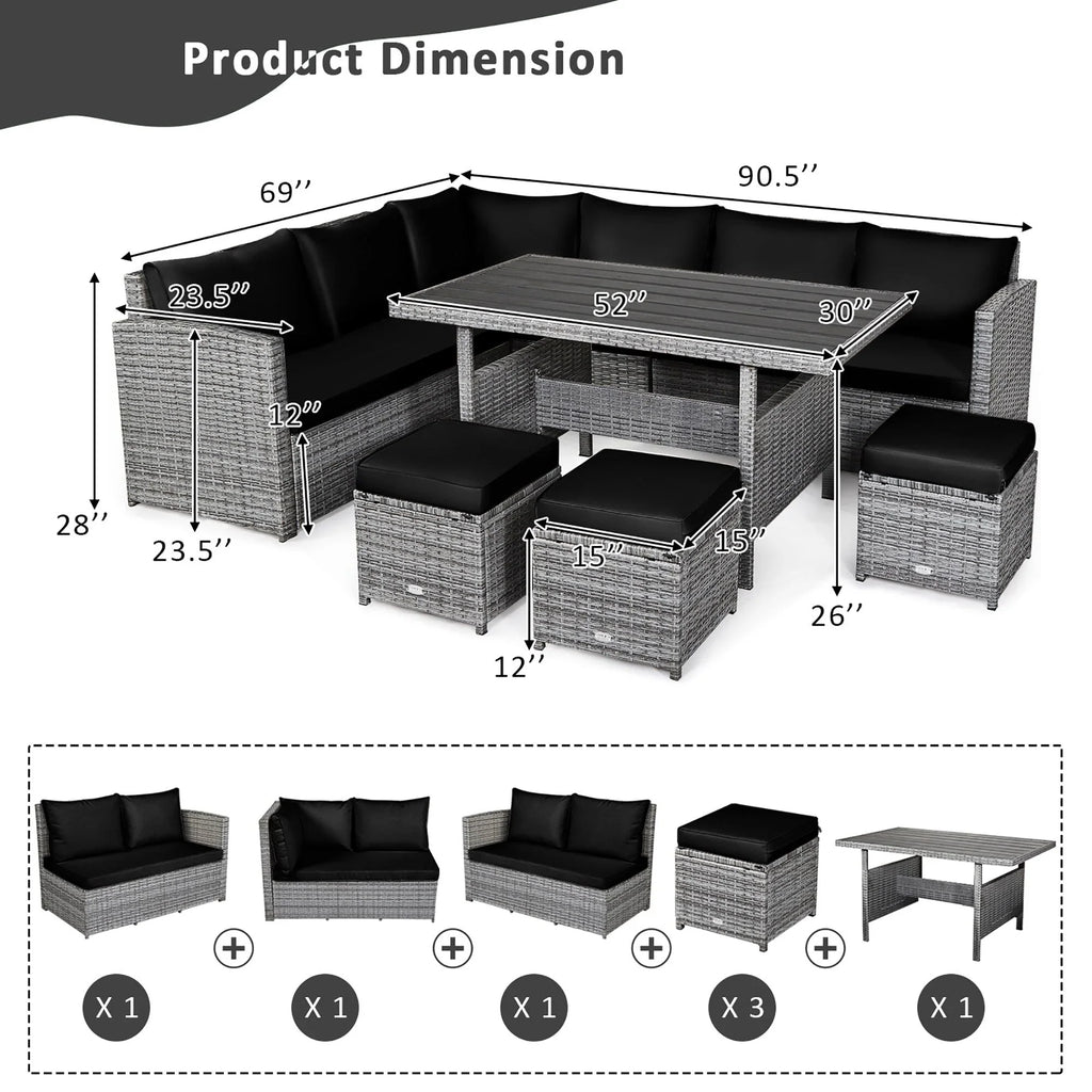 Costway, ensemble de salle à manger de jardin en rotin de 7 pièces avec canapé d’angle et repose-pieds - Voir les détails