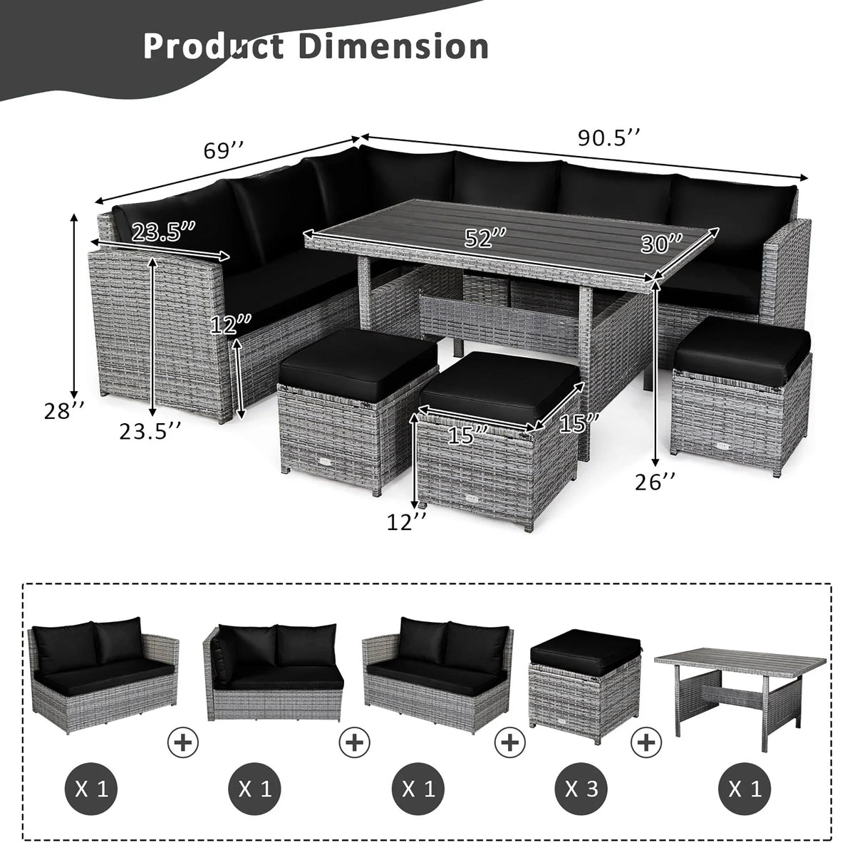 Costway, ensemble de salle à manger de jardin en rotin de 7 pièces avec canapé d’angle et repose-pieds - Voir les détails