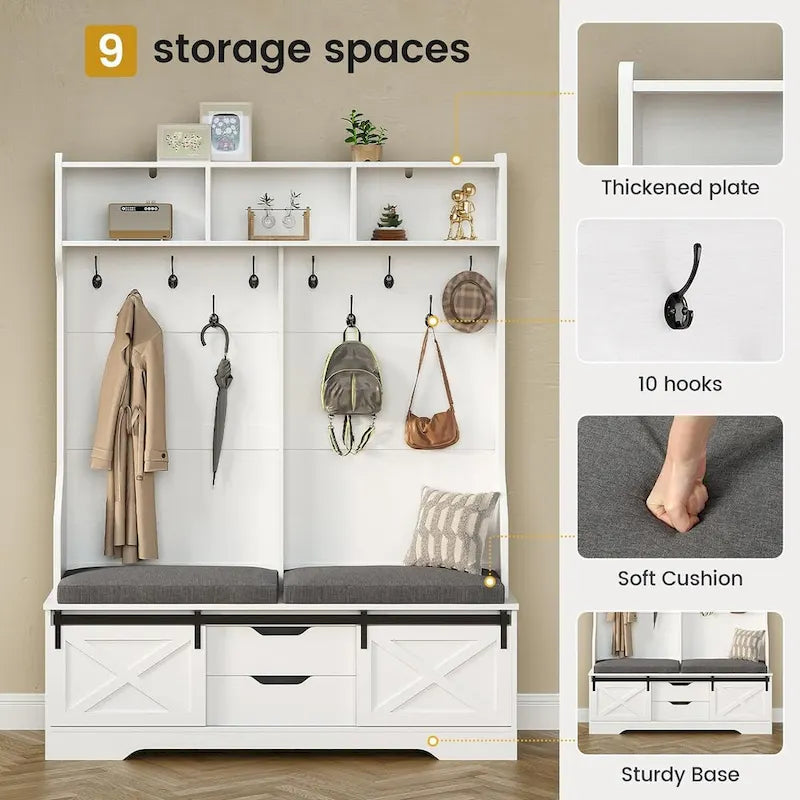 Garderobenständer mit Bank, Schuhaufbewahrung und Scheunentür