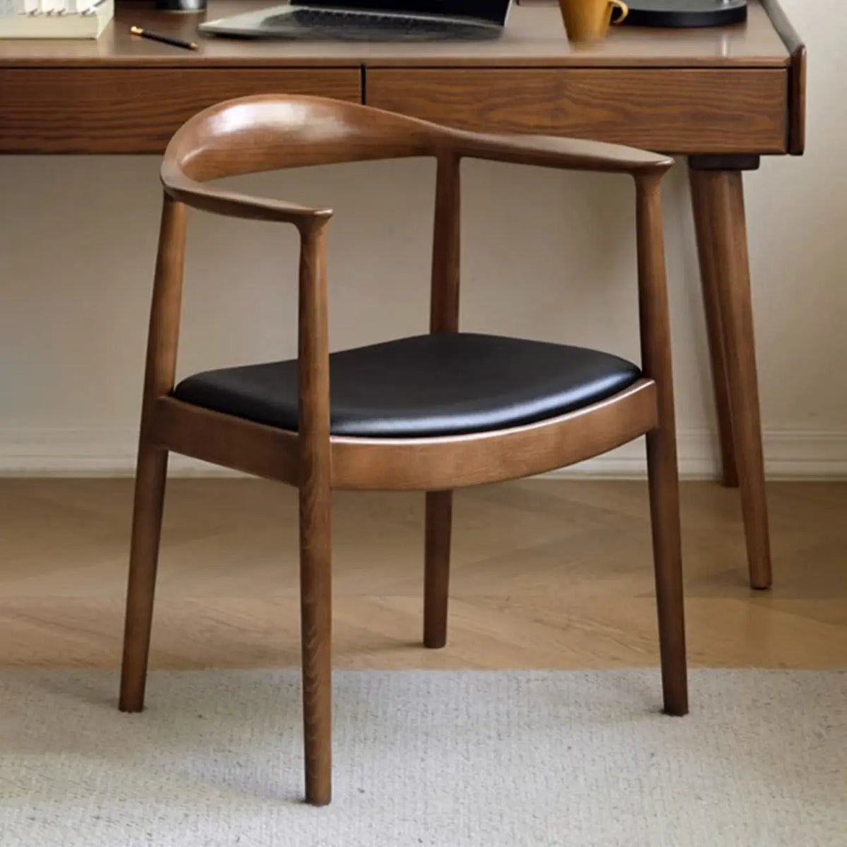 Chaise de salle à manger scandinave en bois courbé, avec assise tressée et accoudoirs