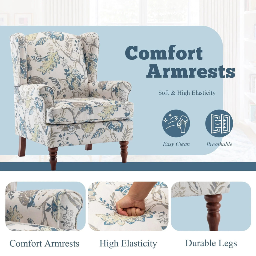 Fauteuil d’appoint moderne Erommy à dossier haut, fauteuil une place en tissu rembourré avec boutons et pieds en bois, pour salon