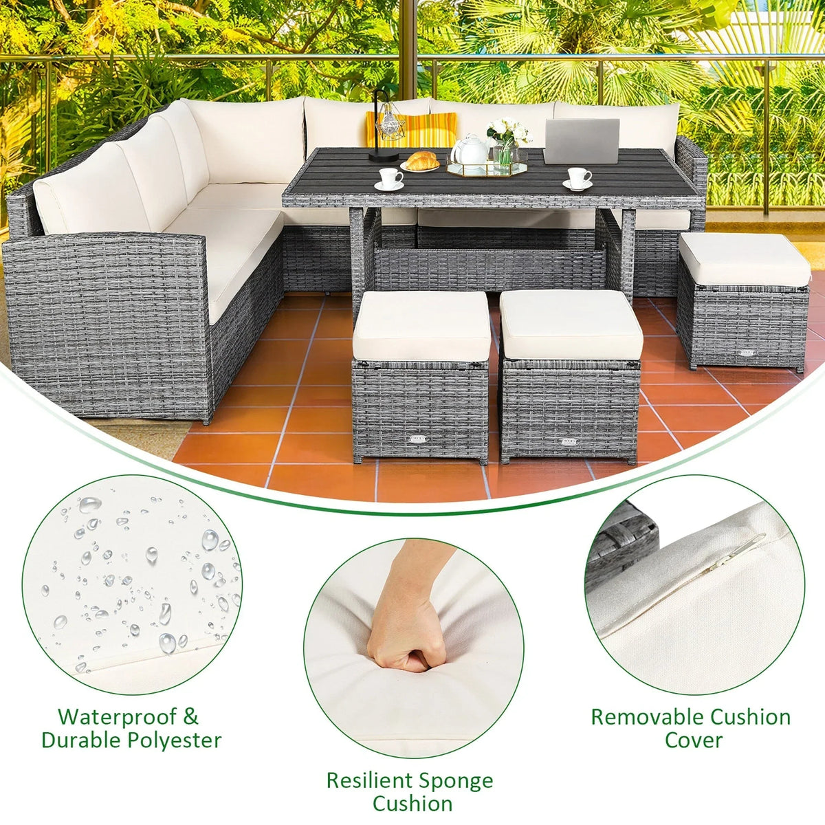 Costway, ensemble de salle à manger de jardin en rotin de 7 pièces avec canapé d’angle et repose-pieds - Voir les détails