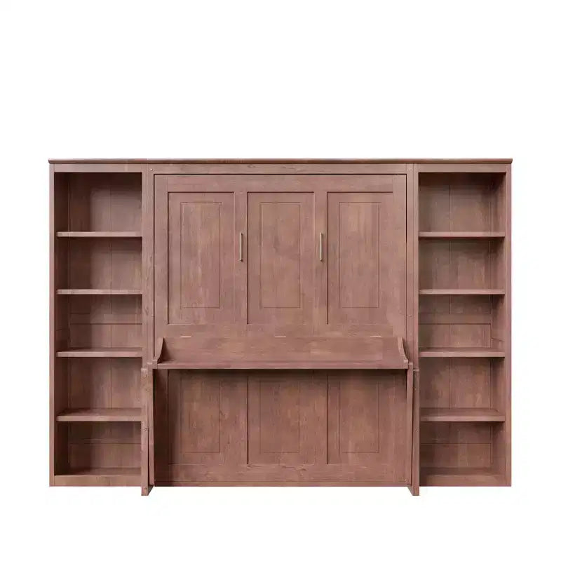 Murphy-Bett in Full-/Queen-Size, platzsparendes Wandbett mit Schreibtisch und Bücherregal, Dunkelbraun - ModernLuxe