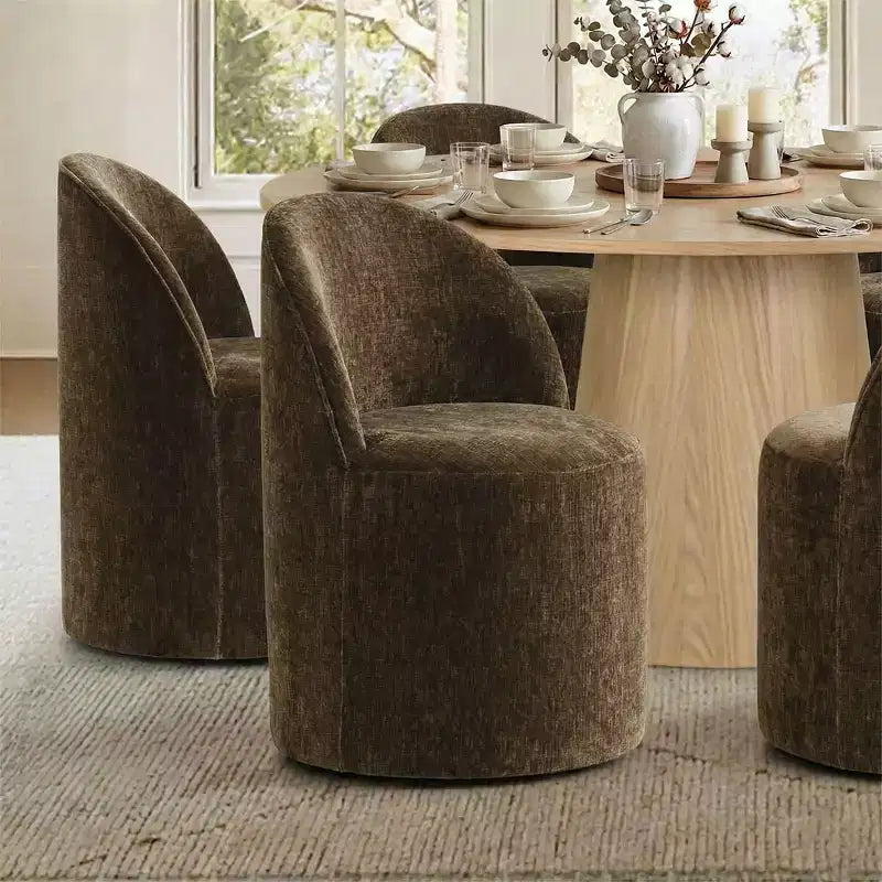 Ensemble de salle à manger moderne pour 6 personnes, table ronde à piètement central, fauteuils pivotants en forme de tonneau à roulettes, chenille texturée - Panipeachy