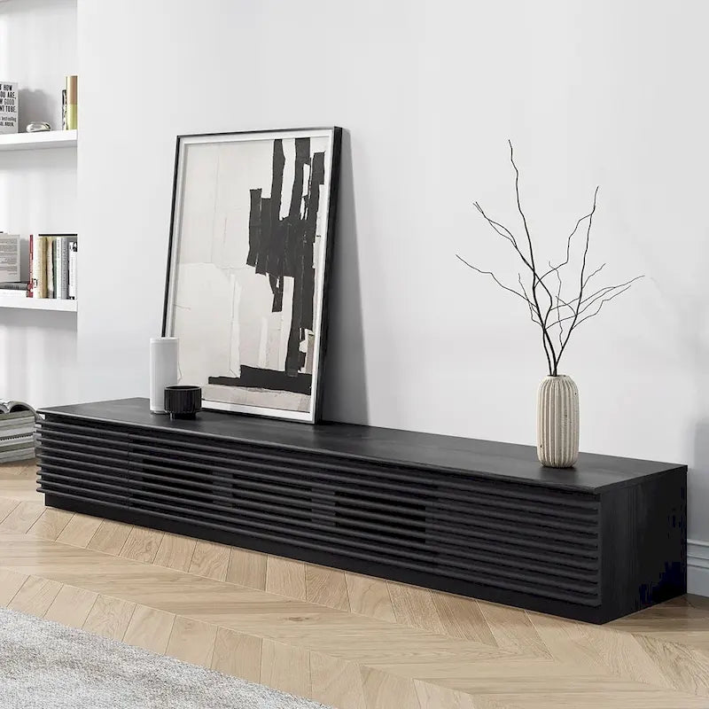 Minimalistische tv-kast met lades, mediameubel van massief hout met kasten, neerklapbare deur, walnootfineer, volledig gemonteerd
