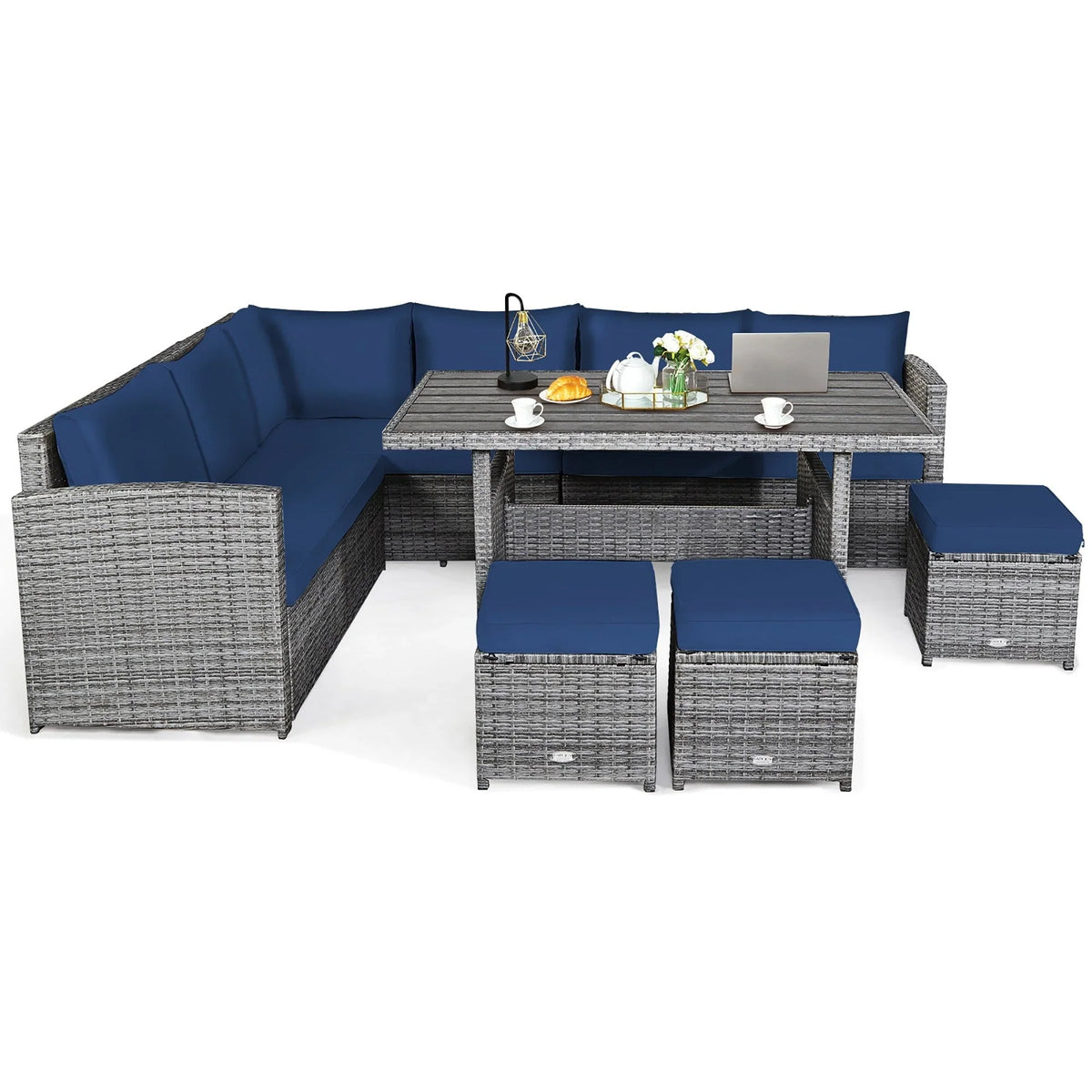 Costway, ensemble de salle à manger de jardin en rotin de 7 pièces avec canapé d’angle et repose-pieds - Voir les détails