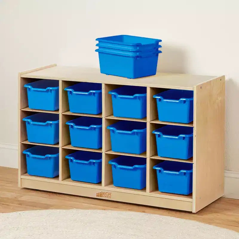 Meuble mobile à casiers avec plateau et 15 bacs à façade incurvée, 3x4, mobilier pour enfants