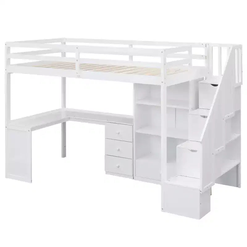 Hochbett in Einzelbettgröße mit L-förmigem Schreibtisch, 3 Schubladen, Schrank und Stauraum in der Treppe, Konstruktion aus massivem Kiefernholz/MDF