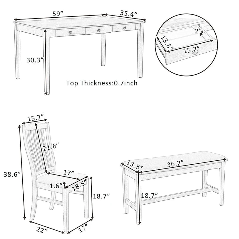 Eetkamerset van hout, 6-delig, met 4 stoelen en een bankje, tafel met lade