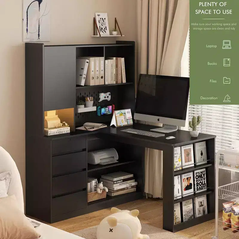 Bureau d’angle en L de 46 pouces avec bibliothèque et tiroirs