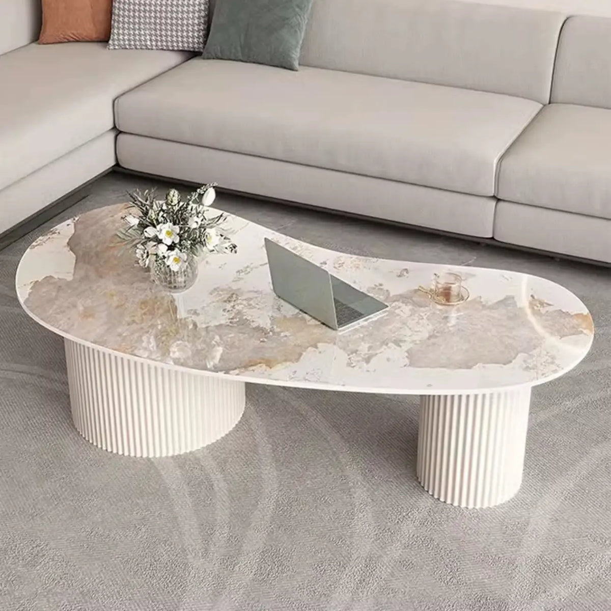 Table basse ovale blanche standard minimaliste avec 2 tiroirs