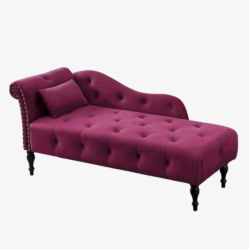 Moderne chaise longue van 60,6, bekleed met fluweel en voorzien van gecapitonneerde knopen, met poten van massief hout en sierspijkers