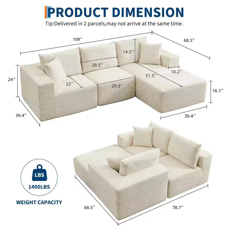 108 Modernes Sofa, 3-Sitzer-Polstersofa in L-Form mit Kissen, Sofa mit tiefer Sitzfläche, keine Montage erforderlich