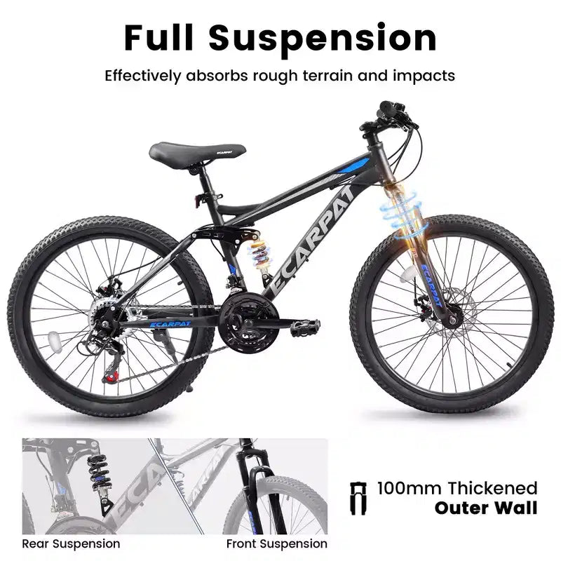 Okak 27.5IN mountainbike met dubbele vering voor en achter, terreinfiets met 21 versnellingen en mechanische schijfremmen, volwassen fiets voor mannen en vrouwen