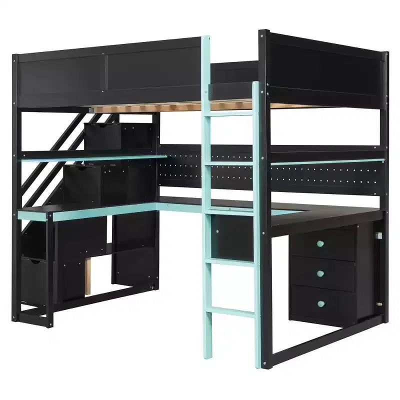 GDFStudio Scott Gaming-Hochbett aus Holz mit Aufbewahrungstreppen, Schreibtisch, Regalen und Lochwand