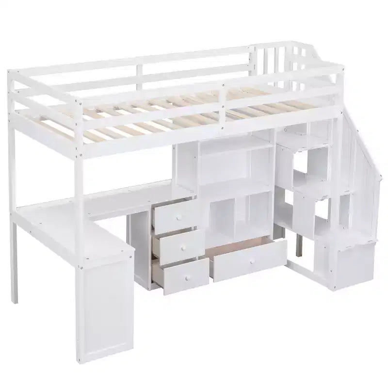 Hochbett in Einzelbettgröße mit L-förmigem Schreibtisch, 3 Schubladen, Schrank und Stauraum in der Treppe, Konstruktion aus massivem Kiefernholz/MDF