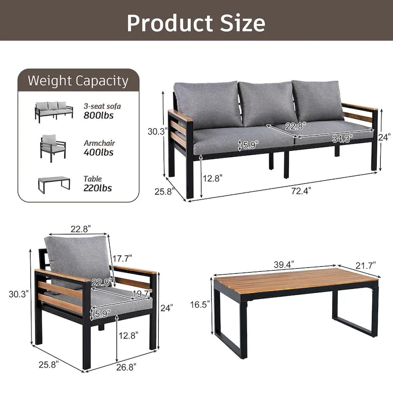 4-teiliges Outdoor-Sofaset für 5 Personen mit Couchtisch aus Massivholz und abnehmbaren Kissen