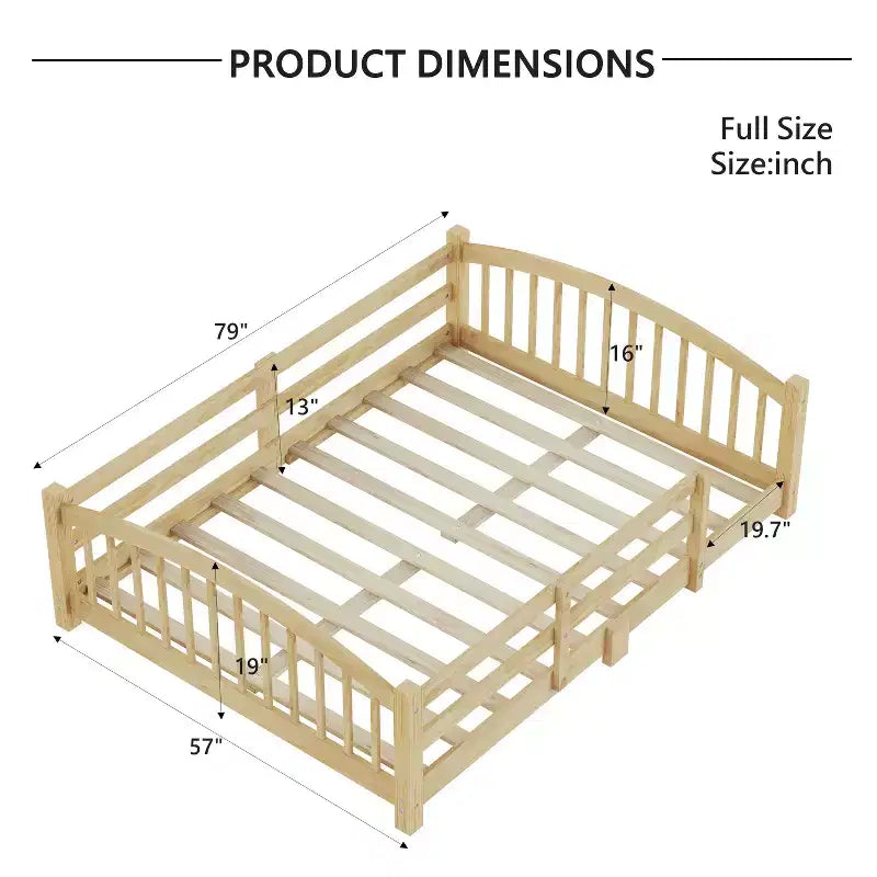 Luxystar Montessori-Bett in Full-Size mit niedrigem Profil, Sicherheitsgittern und Kopfteil