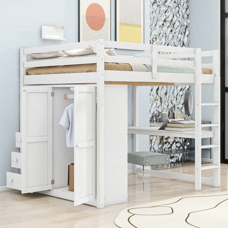 Full Size Wood Loft Bed with Built-in Wardrobe, Desk, Storage Shelves and Drawers