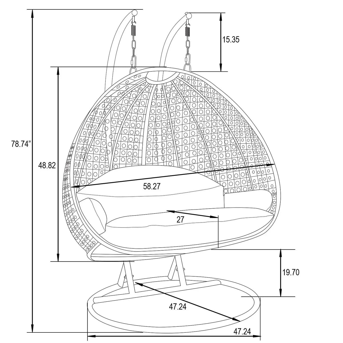 Fauteuil œuf suspendu 2 places LeisureMod avec support - fauteuil hamac balançoire de patio en osier de rotin pour l’extérieur et l’intérieur, avec coussins