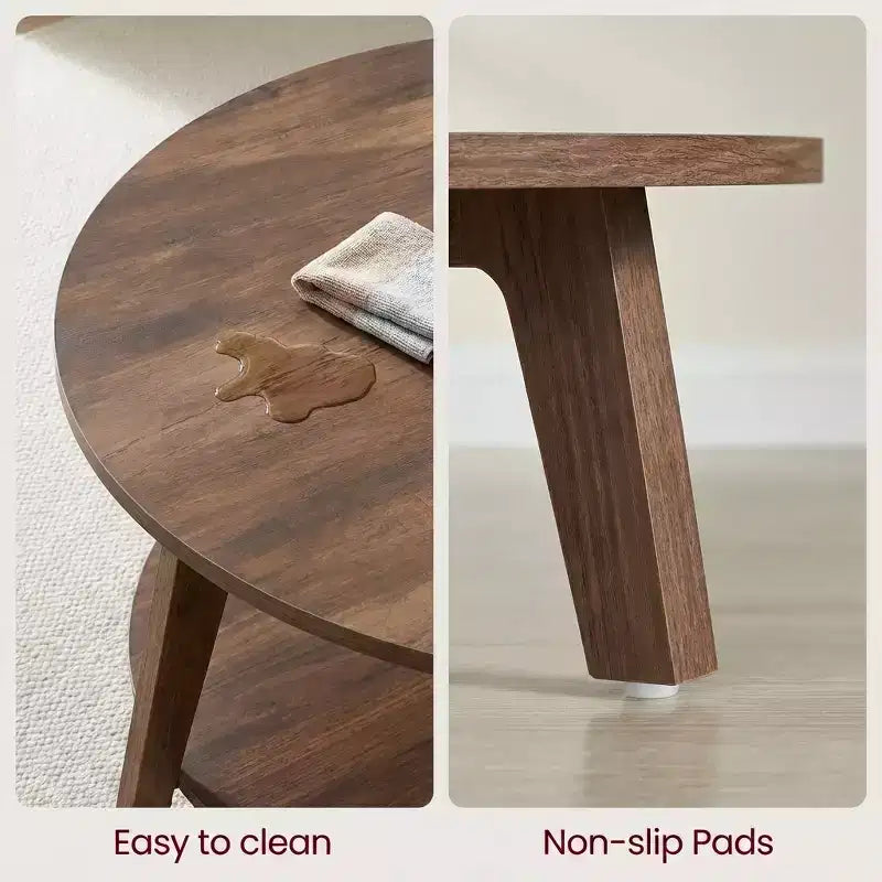 Table basse ronde brun miel avec 2 niveaux de rangement, mesurant 31.5 x 17.7 pouces, idéale pour le salon
