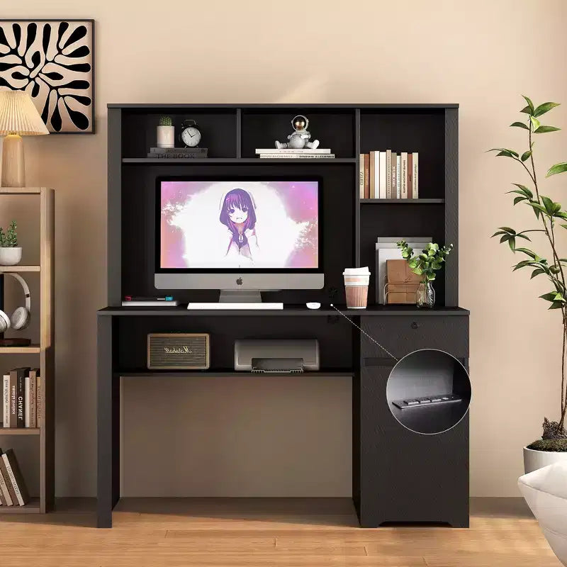 Moderne computerbureau van 51.18IN met opzetkast en boekenplank, bureau met veel opbergruimte, schrijftafel voor studeerkamer en leesruimte