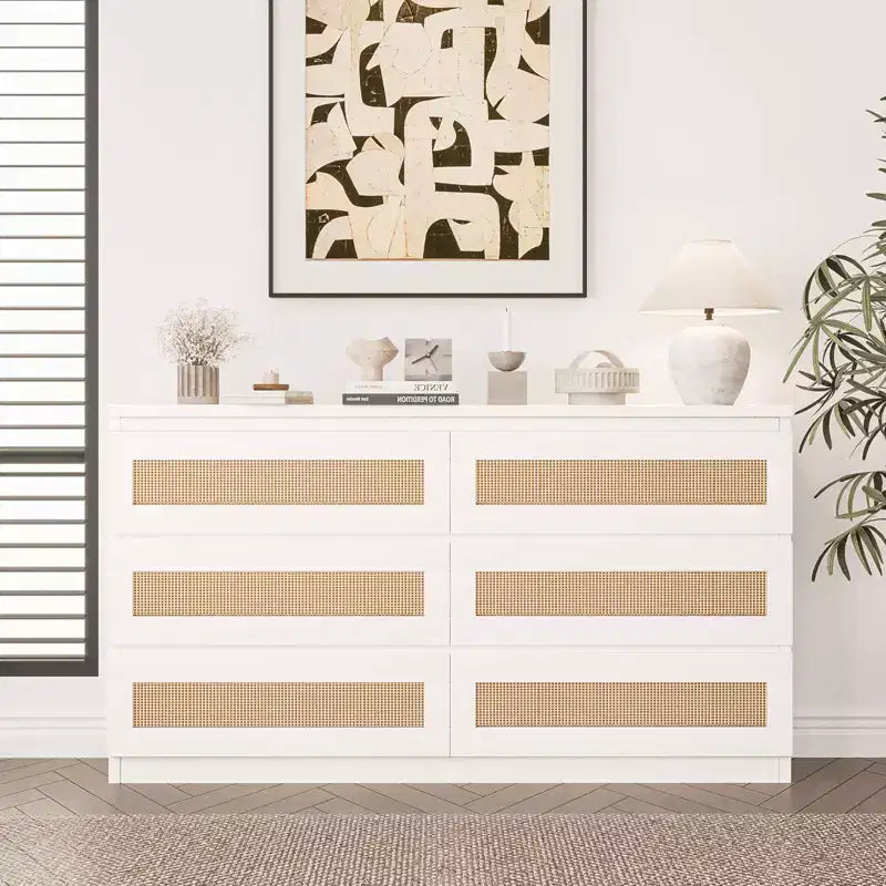 Rotan ladekast voor de slaapkamer met 6 laden, brede moderne ladekast van 47 inch in landelijke stijl, houten opbergkast en organizer voor kledingkast, woonkamer en hal