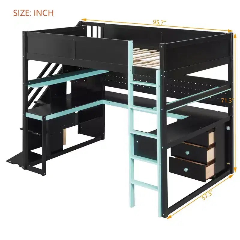 GDFStudio Scott Gaming-Hochbett aus Holz mit Aufbewahrungstreppen, Schreibtisch, Regalen und Lochwand
