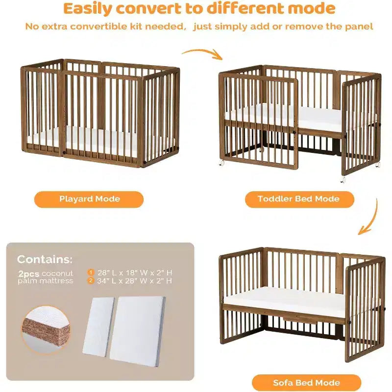 JOYMOR 8-in-1-converteerbaar babybed, inclusief 2 matrassen, om te bouwen tot wieg, halfhoog bed, babybed voor een groot bed, ligbed, peuterbed en box