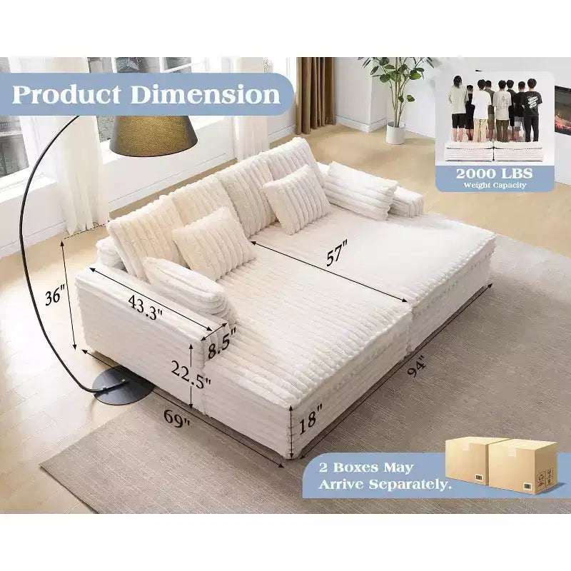 AMERLIFE 93 Doppelliege-Sofa für zwei Personen, tiefes Cloud-Sofa mit Lendenkissen und breiten Armlehnen, einfacher Aufbau, Kunstfell