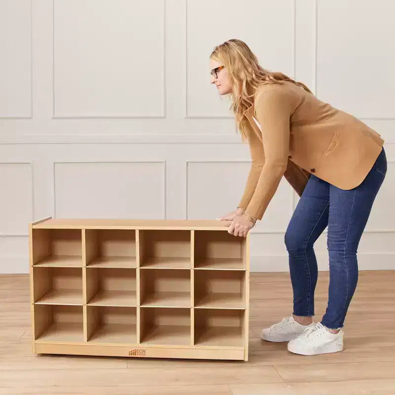 Meuble mobile à casiers avec plateau et 15 bacs à façade incurvée, 3x4, mobilier pour enfants