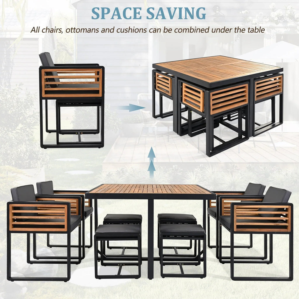 18-teiliges Garten-Esszimmer-Set aus Akazienholz, 8 gepolsterte Stühle, 8 Hocker und 2 quadratische Tische