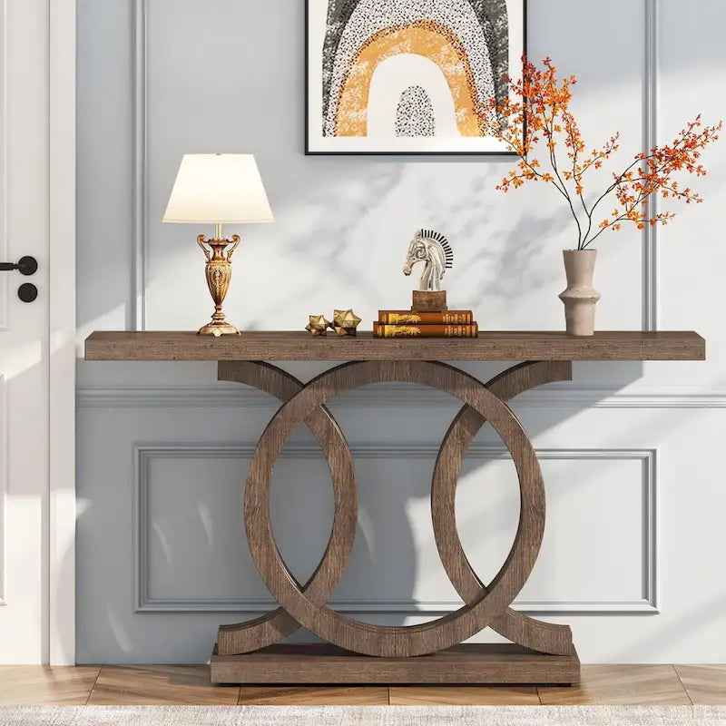 Vintage consoletafel met geometrisch onderstel, houten haltafel
